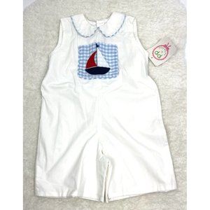 Posh Pickle Boys 3T Shortall White with Sailboat‎ Blue Gingham Trim NWT Lined